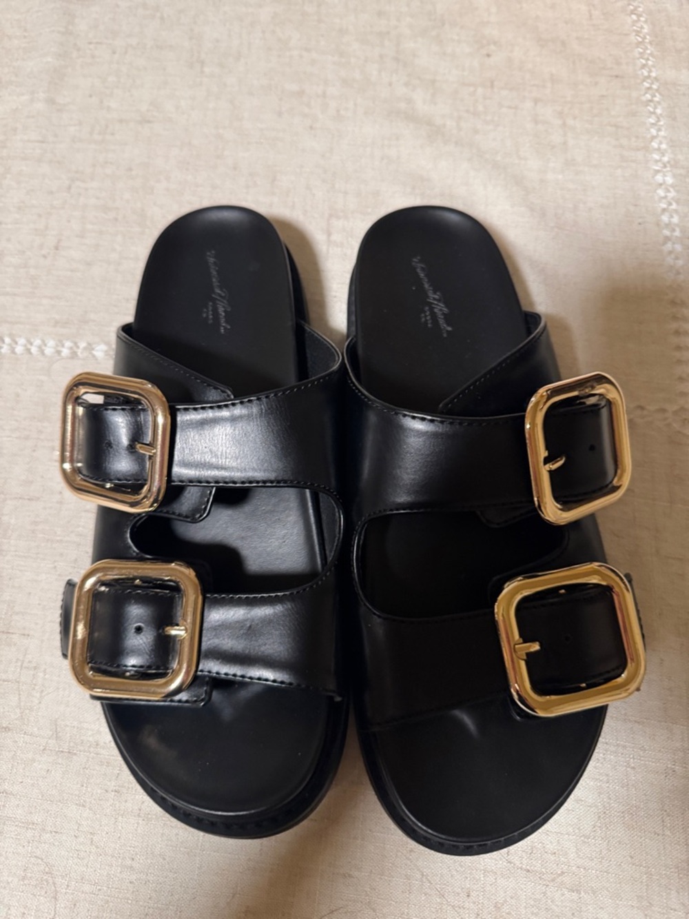 Universal Thread Black Slide Sandals with Gold Buckles